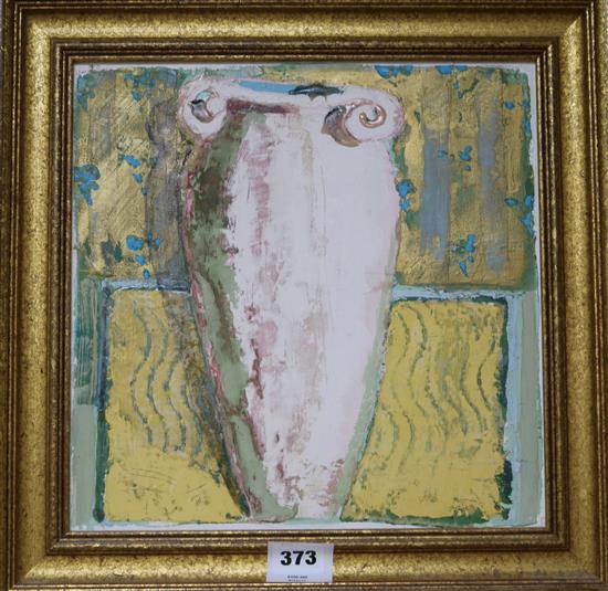 Lydia Bauman, mixed media on board, White vase, Art Supermarket label verso, 29 x 29cm